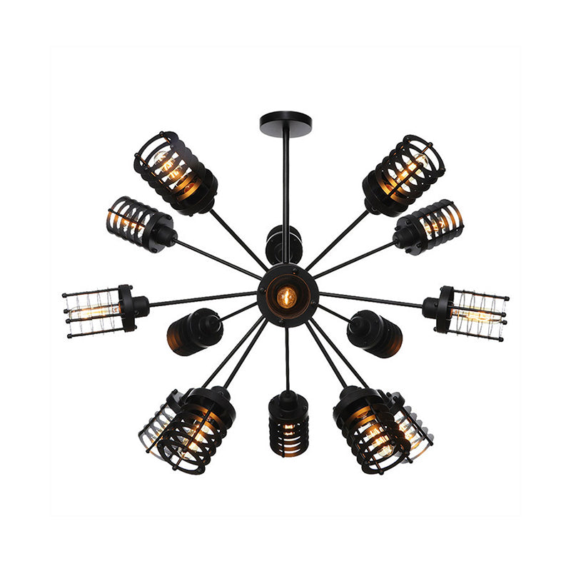Vintage Black Chandelier Light: Starburst Metal With 9/12/15 Heads & Cylinder Frame Shade For