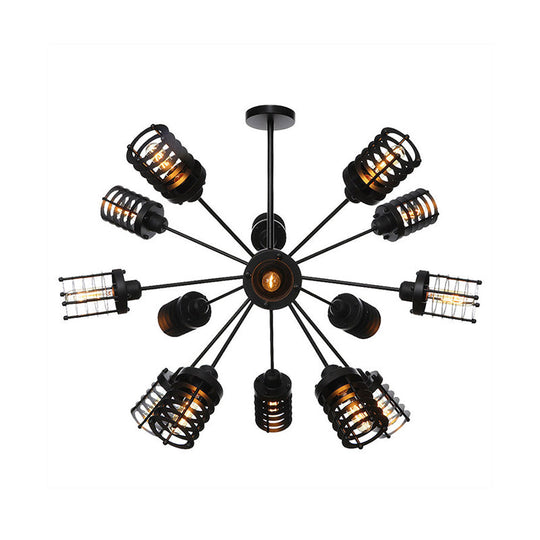 Vintage Black Chandelier Light: Starburst Metal With 9/12/15 Heads & Cylinder Frame Shade For