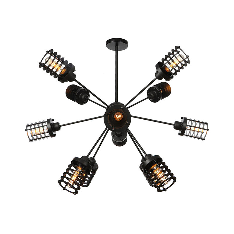 Vintage Black Chandelier Light: Starburst Metal With 9/12/15 Heads & Cylinder Frame Shade For
