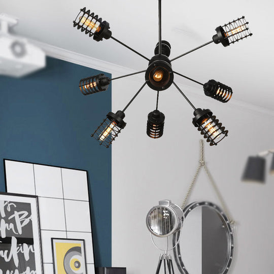 Vintage Black Chandelier Light: Starburst Metal With 9/12/15 Heads & Cylinder Frame Shade For