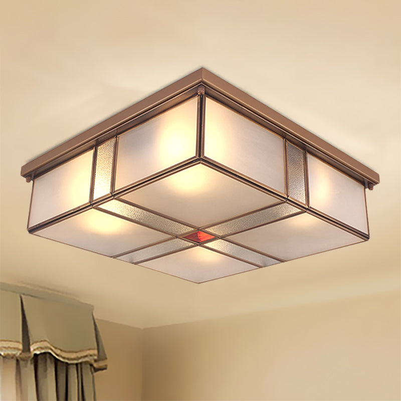 Vintage Brass Flush Mount Light With Frosted Glass Panel Shade - 2/4 Lights Ceiling Fixture For