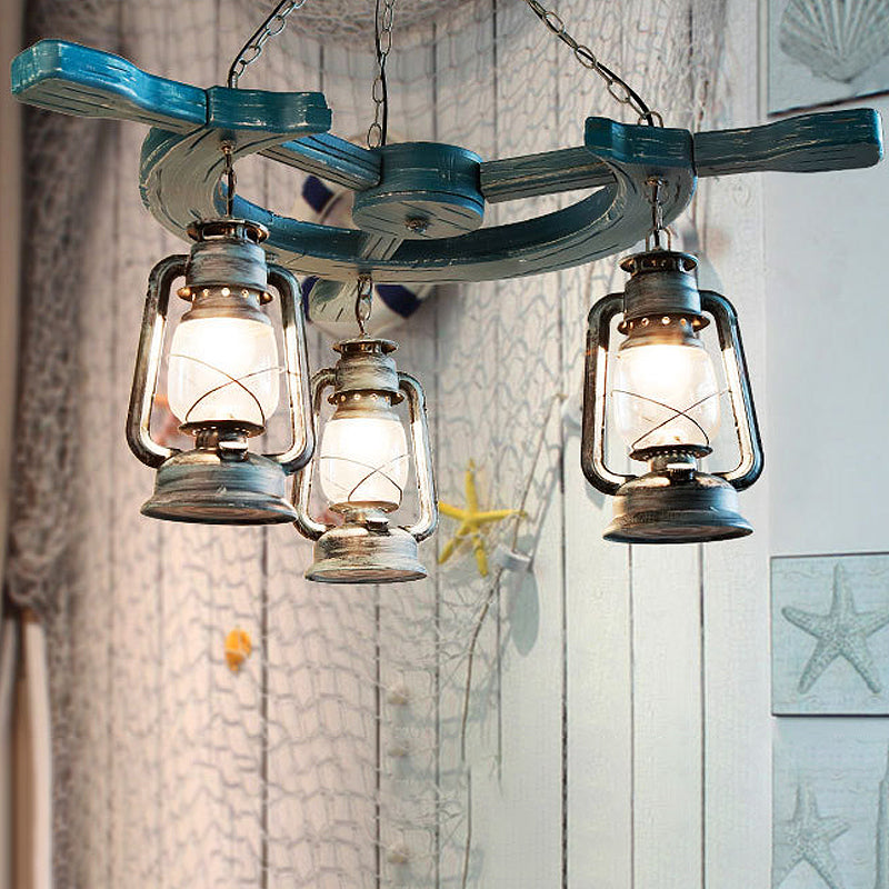 Industrial Blue Pendant Chandelier With Kerosene Clear Glass Shade - 3 Lights For Living Room