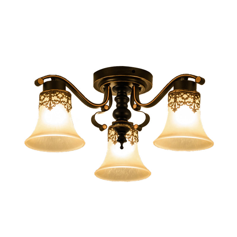 Black Bell Semi Flush Mount Ceiling Light Fixture - Classic Frosted Glass 3/6/8 Lights For Living