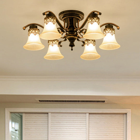 Black Bell Semi Flush Mount Ceiling Light Fixture - Classic Frosted Glass 3/6/8 Lights For Living