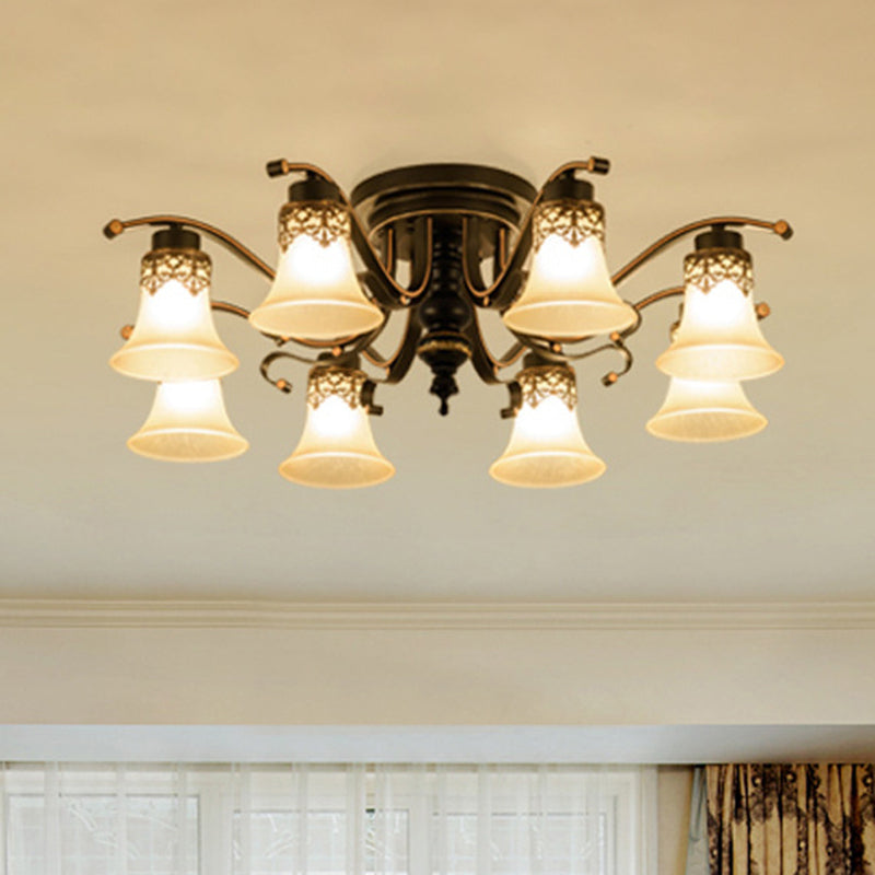 Black Bell Semi Flush Mount Ceiling Light Fixture - Classic Frosted Glass 3/6/8 Lights For Living