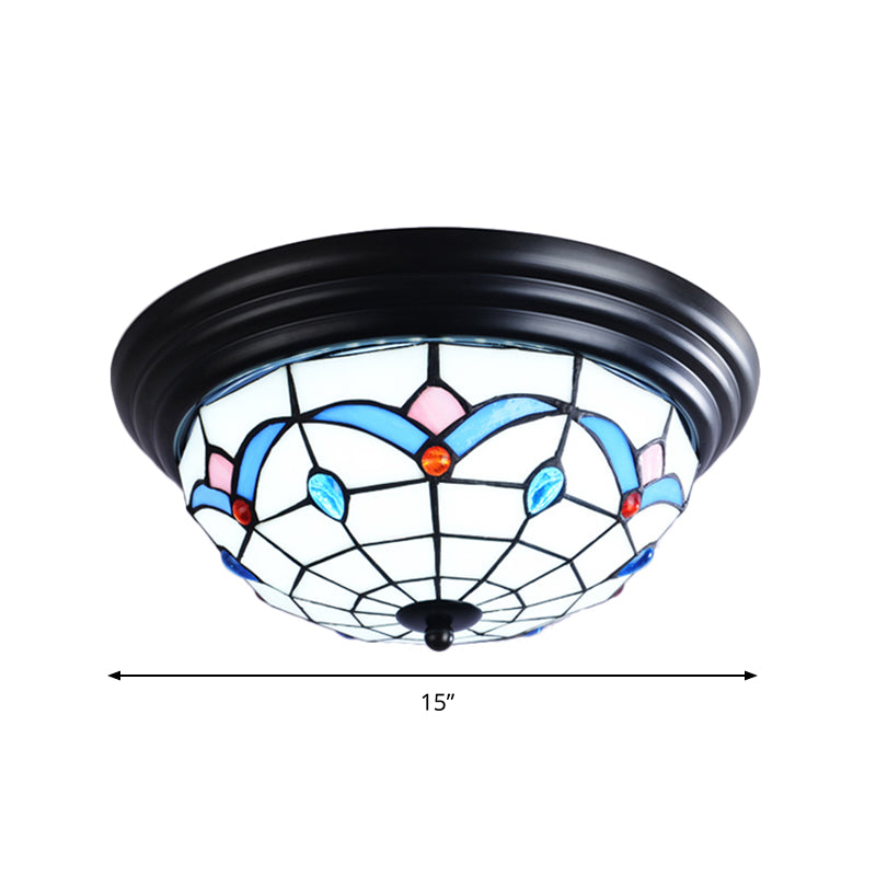 11/15 Tiffany Cut Glass Flush Ceiling Light - 3-Light Mount Fixture In White Ideal For Corridors