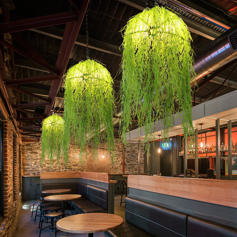 Industrial Green Metal Chandelier With Bell Cage Design And Wicker Ornament 18’/21.5’ Wide -