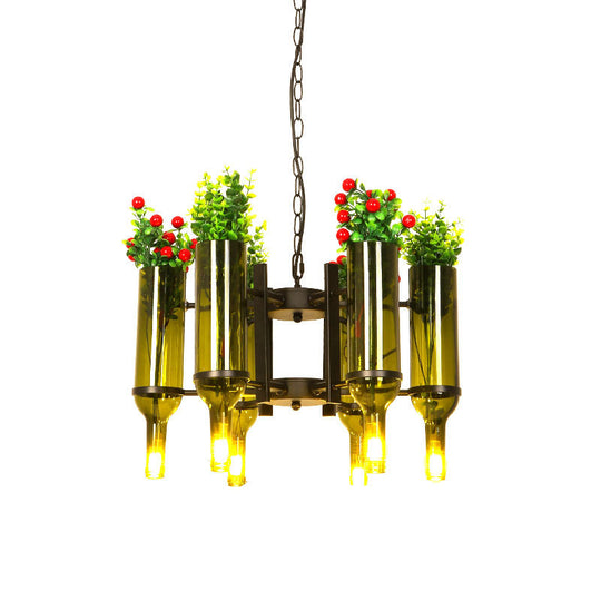 Green Metal 6-Head Industrial Chandelier Pendant Light With Plant Design
