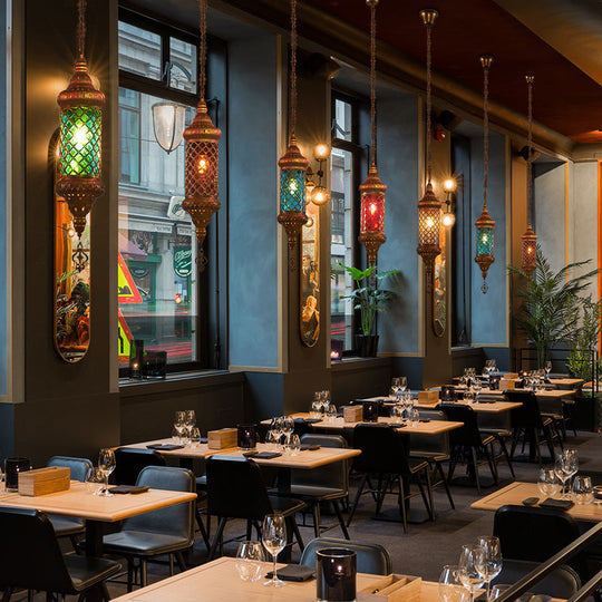 Colorful Glass Lantern Pendant Light For Restaurant - Traditional Design