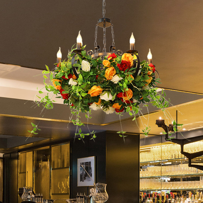 Industrial Metal Black Chandelier With Led Lights And Plant Decor - 6-Light Rose Design