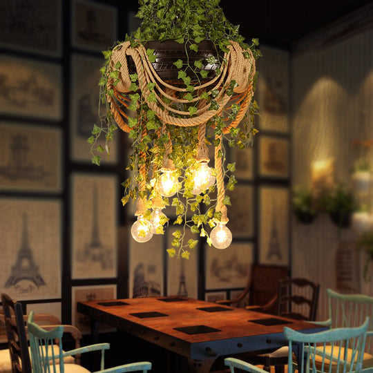 Vintage Black Bulb Chandelier With Hemp Rope And 6 Lights For Restaurant Or Plant Drop