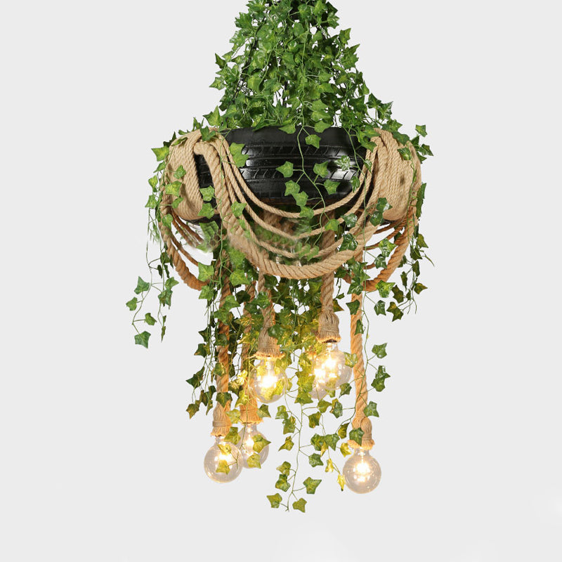 Vintage Black Bulb Chandelier With Hemp Rope And 6 Lights For Restaurant Or Plant Drop