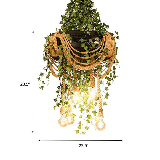 Vintage Black Bulb Chandelier With Hemp Rope And 6 Lights For Restaurant Or Plant Drop