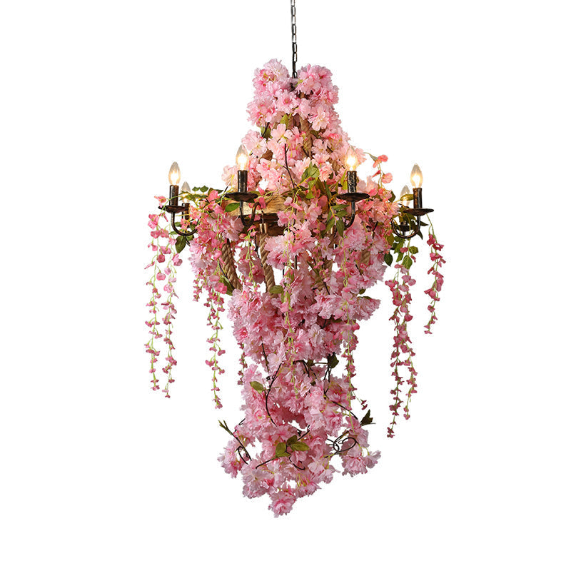 Industrial Metal Chandelier With Pink Led Flower Design - Candlestick Restaurant Light 6/8 Bulbs