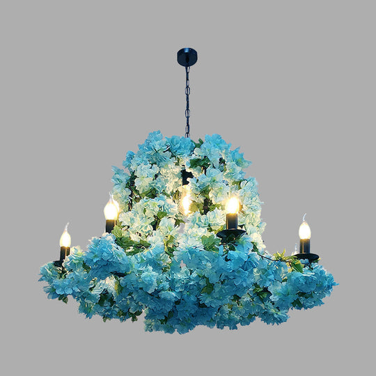 Blue Metal Led Suspension Candle Chandelier Light Fixture With Cherry Blossom - 6/8 Bulbs