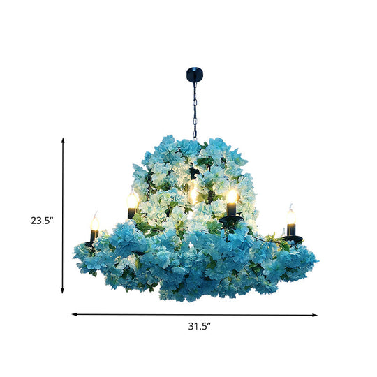 Blue Metal Candle Chandelier With Led Suspension Lighting & Cherry Blossoms - 6/8 Bulbs