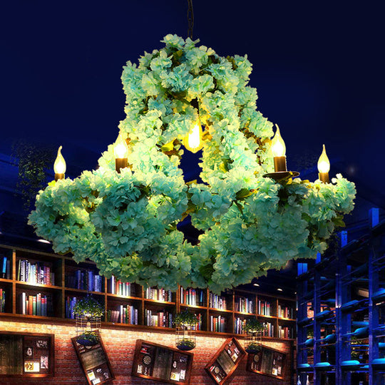 Industrial Blue Metal Led Candle Pendant Chandelier With Cherry Blossom Decoration - 6 Bulb