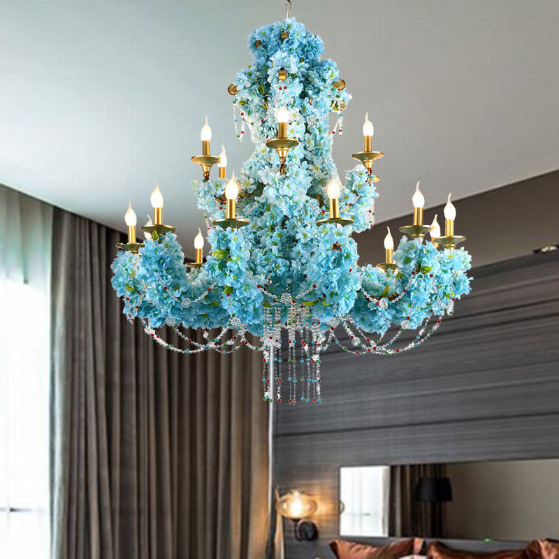 Vintage Blue Candelabra Led Chandelier Light With Crystal Accent - Metal 12 Lights Ideal For