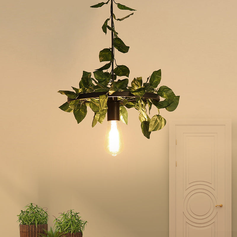 Industrial Metal Pendant Light With Green Plant Led - Perfect For Restaurants