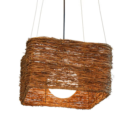 Japanese Rattan Pendant Light In Brown - Modern Rectangular Design