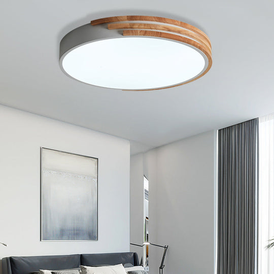 Nordic Style Round Flush Mount Ceiling Light - Wood & Acrylic Fixture In Grey/White/Green 16’ Width