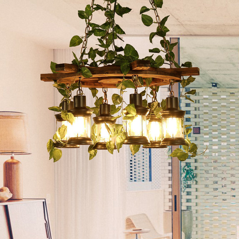 Industrial Green Lantern Wooden Chandelier - Led Restaurant Ceiling Light (3/6/8 Heads)