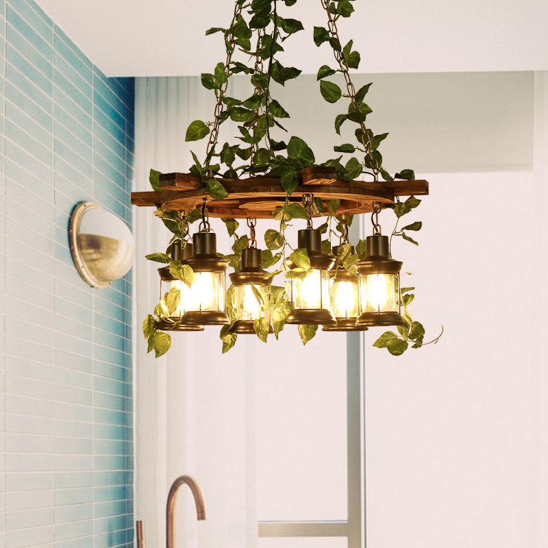 Industrial Green Lantern Wooden Chandelier - Led Restaurant Ceiling Light (3/6/8 Heads)