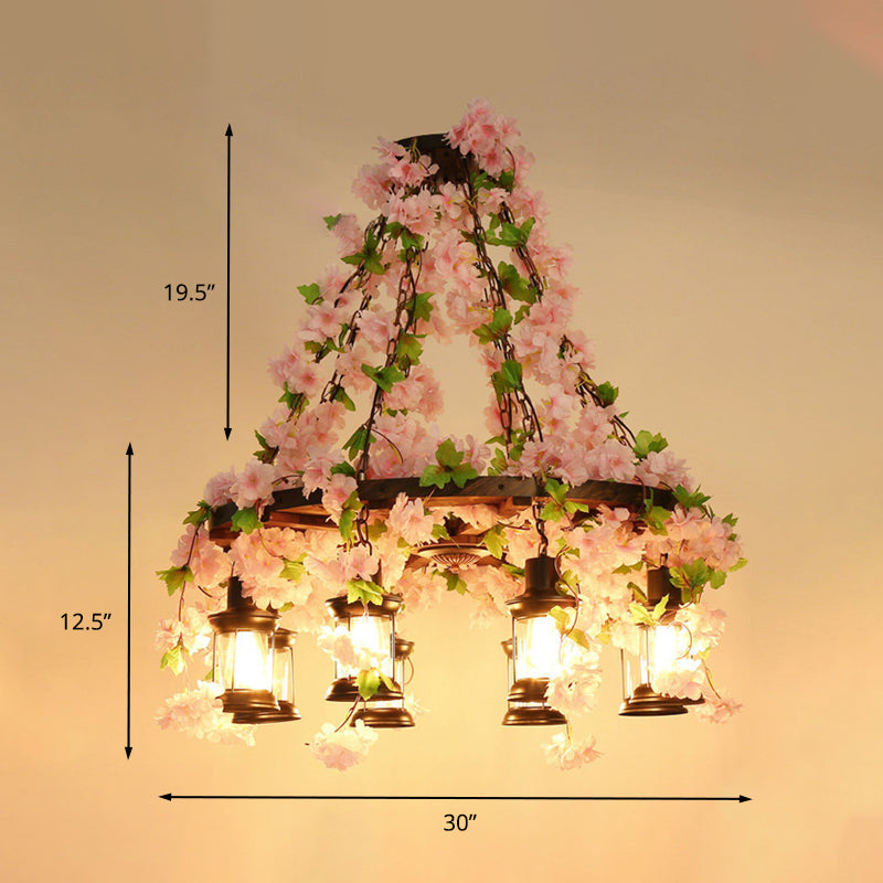 Vintage Wooden Lantern Pendant Chandelier With Led Flower Suspension Light In Pink - 3/6/8 Heads