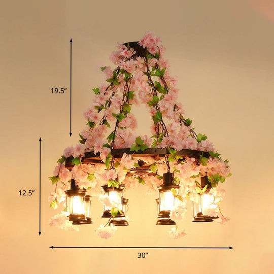 Vintage Wooden Lantern Pendant Chandelier With Led Flower Suspension Light In Pink - 3/6/8 Heads