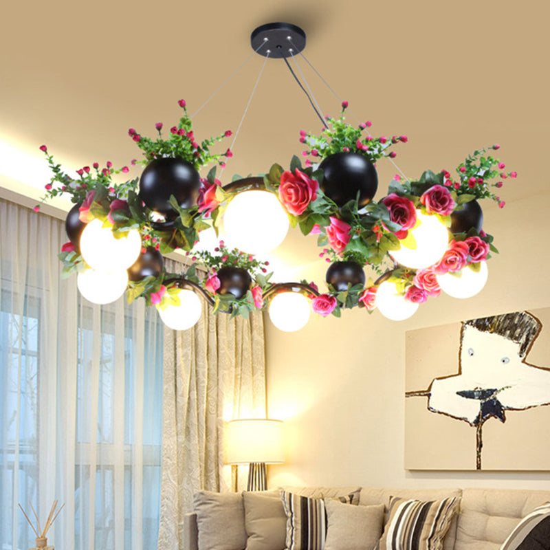 Industrial Metal Sphere Ceiling Lamp With Flower Decoration - 8 Bulbs Black. Perfect For Living Room