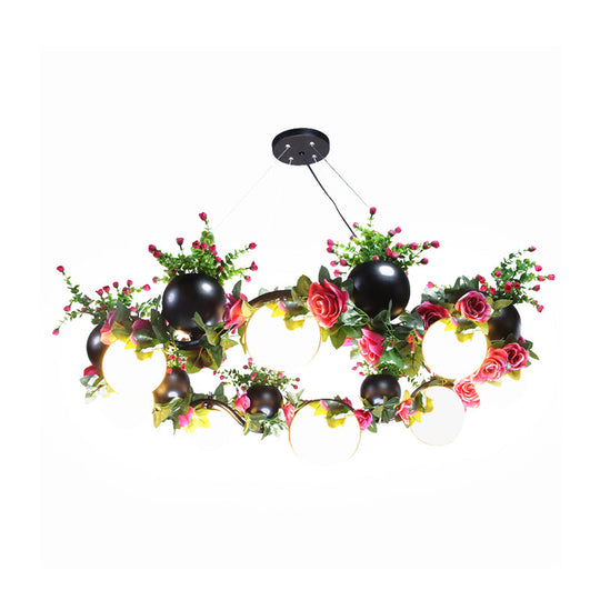 Industrial Metal Sphere Ceiling Lamp With Flower Decoration - 8 Bulbs Black. Perfect For Living Room