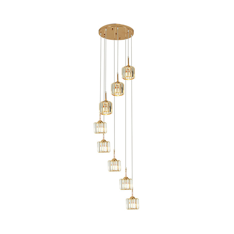 Modern Gold Crystal Mini Drum Pendant Light With Spiral Design - 8 Bulbs