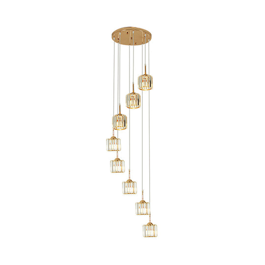 Modern Gold Crystal Mini Drum Pendant Light With Spiral Design - 8 Bulbs