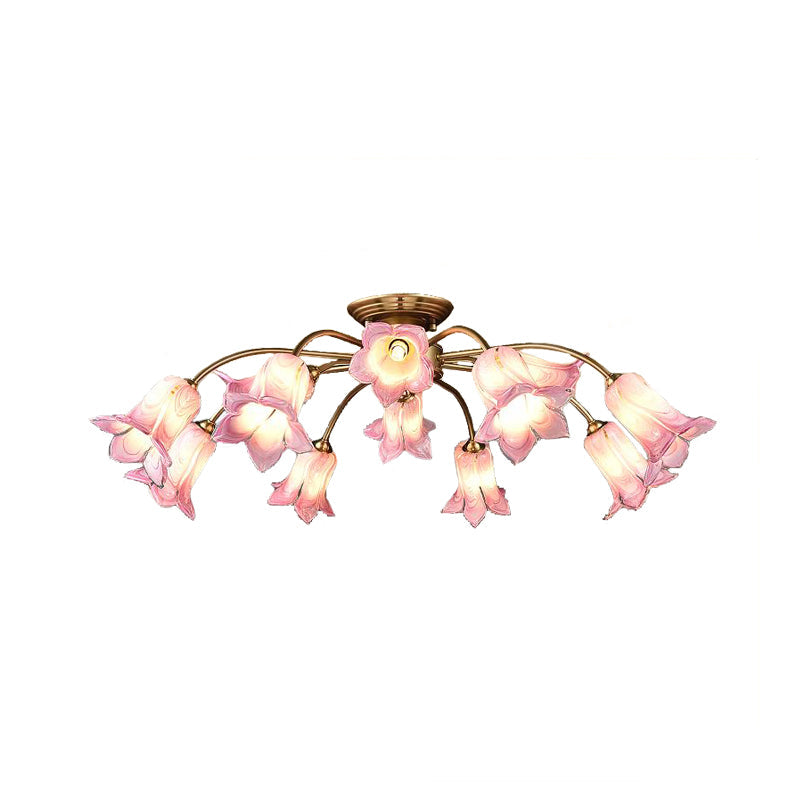 10 - Head Led Semi Flush Mount Ceiling Light For Bedroom With Pastoral Lily/Tulip Glass Shade -