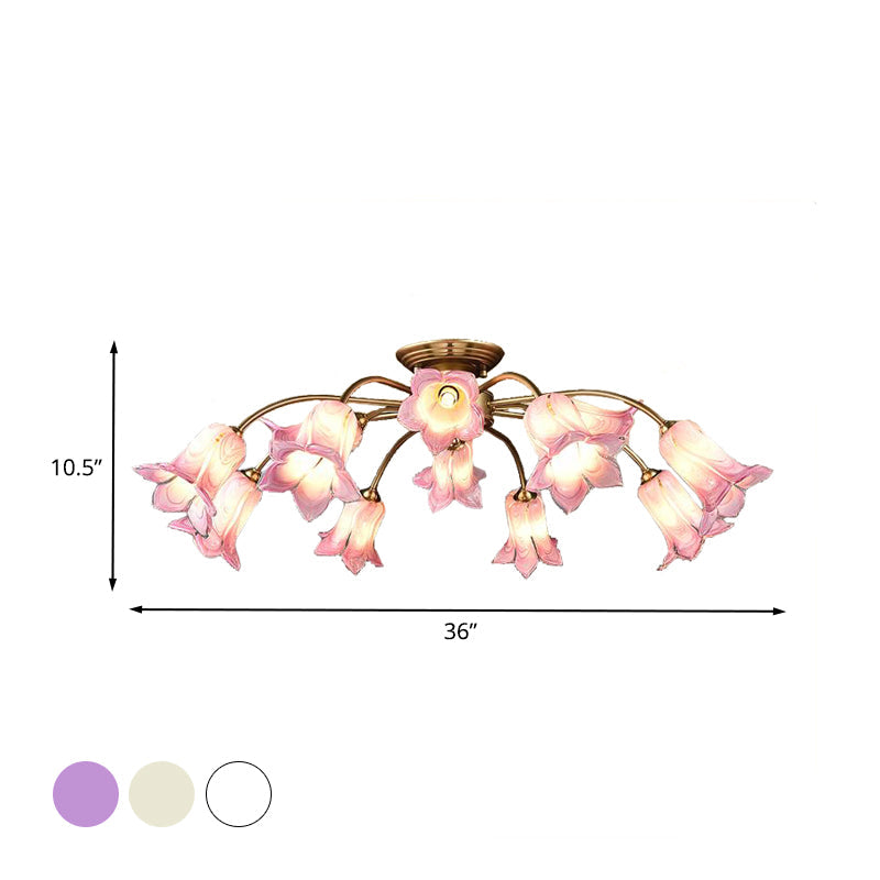 10 - Head Led Semi Flush Mount Ceiling Light For Bedroom With Pastoral Lily/Tulip Glass Shade -