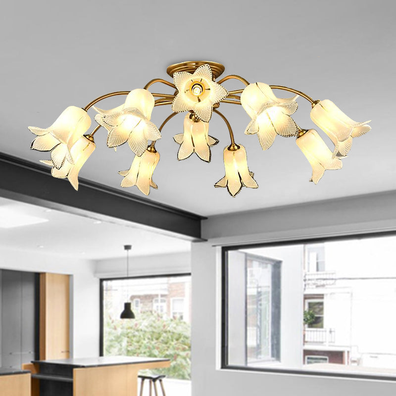 10 - Head Led Semi Flush Mount Ceiling Light For Bedroom With Pastoral Lily/Tulip Glass Shade -