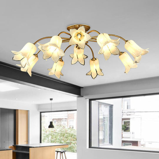 10 - Head Led Semi Flush Mount Ceiling Light For Bedroom With Pastoral Lily/Tulip Glass Shade -