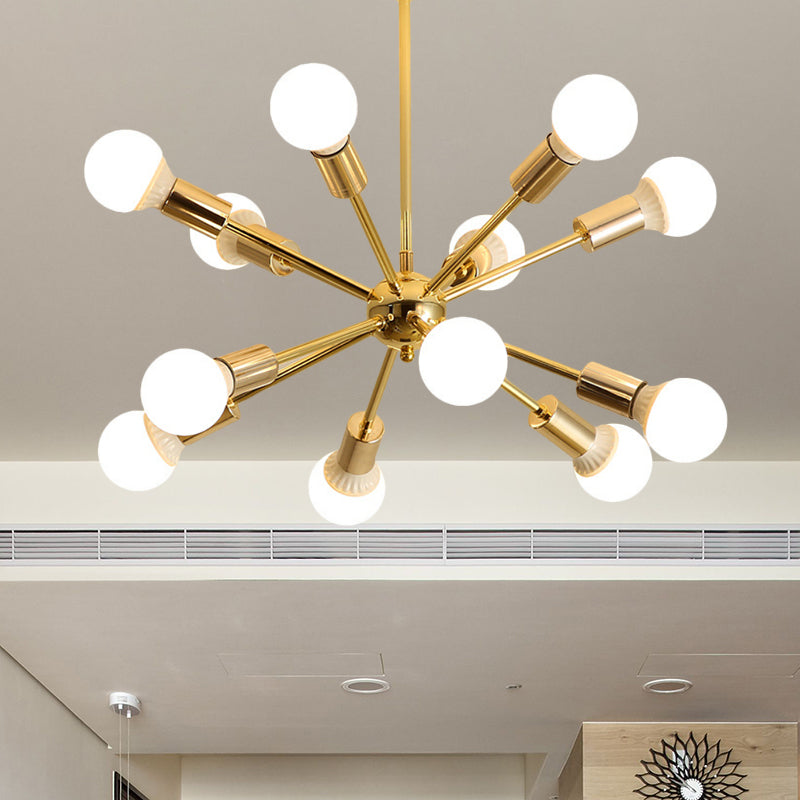 Modern Metal Starburst Chandelier Light - 6/10/12 Lights 26/38.5 Wide Gold Finish Bare Bulb Hanging