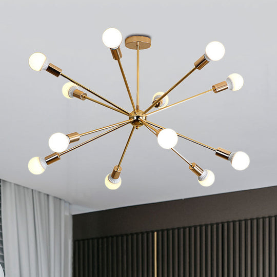 Modern Metal Starburst Chandelier Light - 6/10/12 Lights 26/38.5 Wide Gold Finish Bare Bulb Hanging