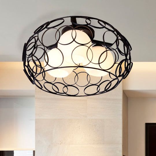 Nordic Drum Iron Cage Ceiling Light With Ball Glass Shade In White/Black Perfect For Dining Rooms
