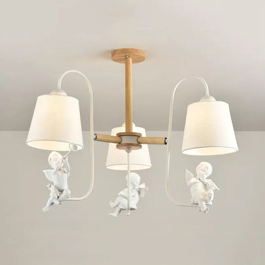 Contemporary Chandelier Light With Tapered Shade - Fabric & Wood Ideal For Child Bedroom 3 / White A