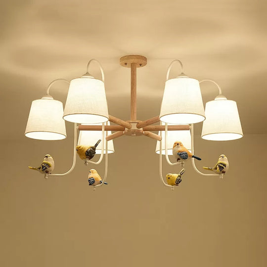 Contemporary Chandelier Light With Tapered Shade - Fabric & Wood Ideal For Child Bedroom 6 / White B