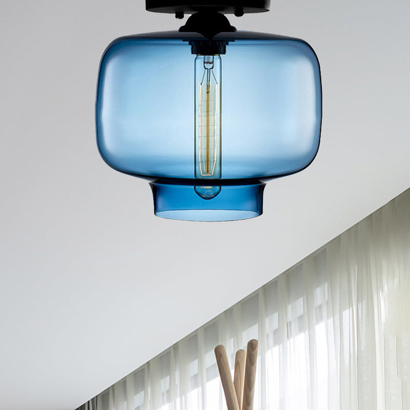 Modern Multi-Colored Lantern Flushmount Light With Glass Shade - Black Finish