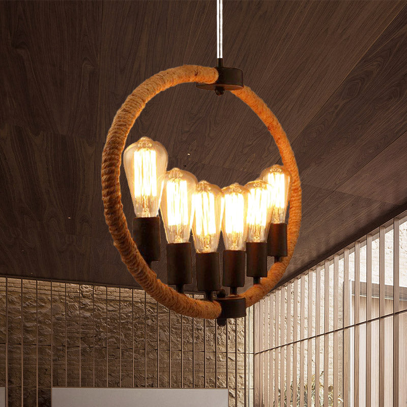 Country Style Roped Ring Chandelier Lamp - 6 Lights Beige Restaurant Hanging With Exposed Bulb