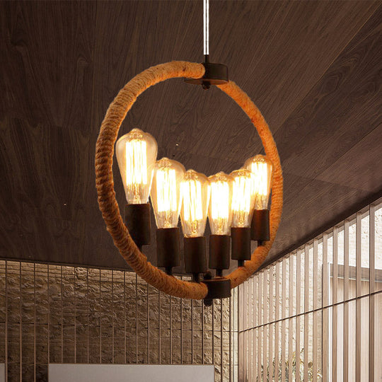 Country Style Roped Ring Chandelier Lamp - 6 Lights Beige Restaurant Hanging With Exposed Bulb