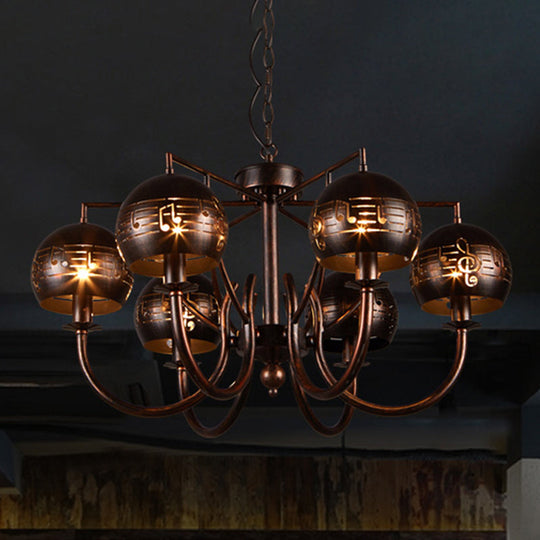 Vintage-Inspired 6-Light Rust Pendant Chandelier With Musical Note Metalperfect For Restaurants