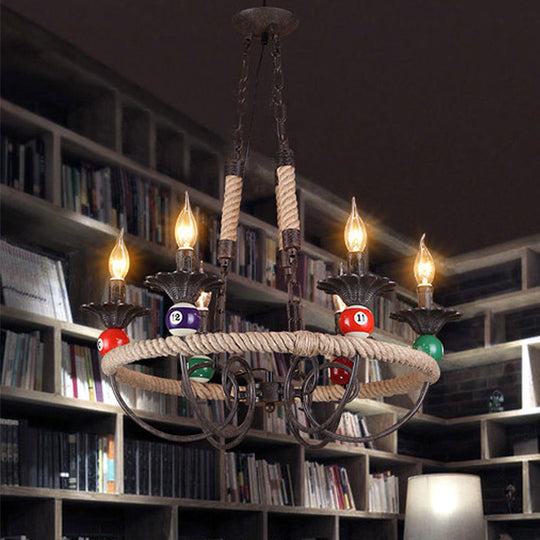 Industrial Metal Hanging Lamp: Roped Ring Bar 3/6 Lights Rust Chandelier With Billiard Ball