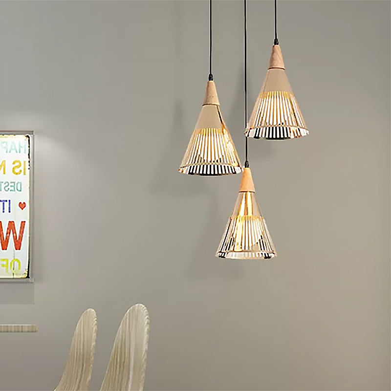 Nordic Cone Ceiling Light With 3 Metal And Wood Pendant Heads