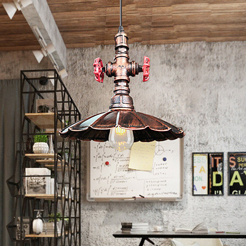 Rustic Brass Scalloped Ceiling Pendant Light With Pipe And Valve