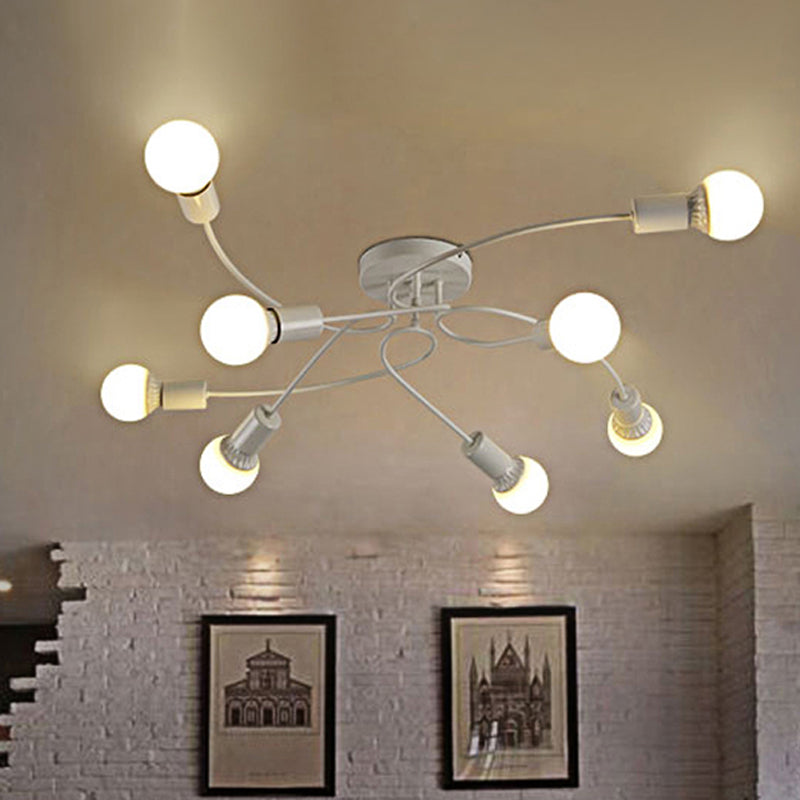Vintage Style Twisted Arm 8-Light Semi Flush Mount Ceiling Light In Black/White For Living Room